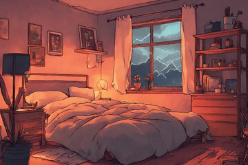 Lofi warm bedroom on a cloudy evening. - 24