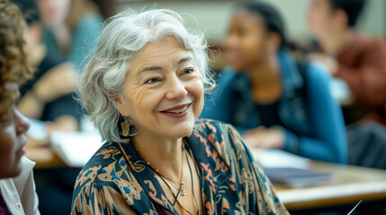 A dignified senior woman with silver hair in a university classroom setting amidst younger students, concept of  learning and intergenerational engagement in academic environments
