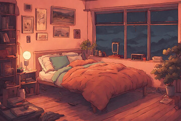 Lofi warm bedroom on a cloudy evening. - 29