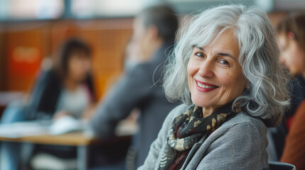 Senior woman with a graceful smile and silver hair, wearing a stylish scarf and grey sweater, sits contentedly at a professional gathering - obrazy, fototapety, plakaty
