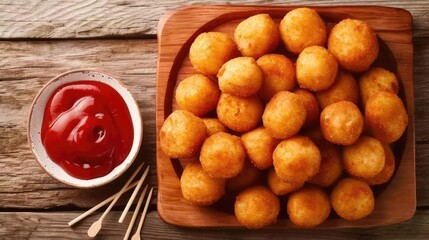 Duchess Potatoes or Croquettes Arranged on Wooden Plate with Ketchup