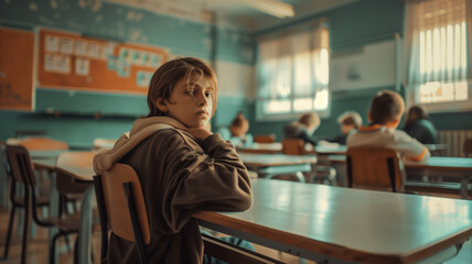 tired boy ,stressed boy in classroom , Problems in teenagers .. - obrazy, fototapety, plakaty