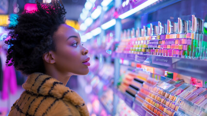 A poised African American woman in a coat stands in a brightly lit cosmetic store, ready to buy makeup products