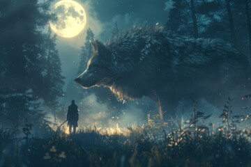 Moonlit Confrontation,The Lone Knight Stands Against an Ethereal Wolf in a Forest Clearing, Emphasizing Scale and Tension with Dramatic Moonlight - obrazy, fototapety, plakaty