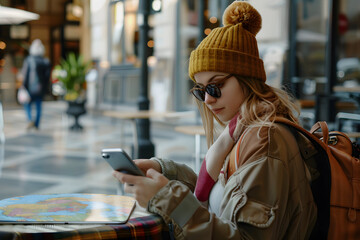 Fototapeta premium a woman is sitting at a table looking at her cell phone