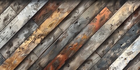 Varied wooden planks with rich textures and colors ranging from grays to browns, creating a rustic appearance. - obrazy, fototapety, plakaty
