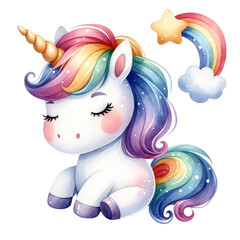 unicorn illustration , Cute unicorn sleeping , Cute Unicorn Watercolor illustration pastel , Unicorn on the rainbow watercolor illustration