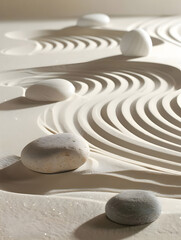 Realistic shadows play on the textured stones and ripples in sand of a zen garden, offering a sense of calm