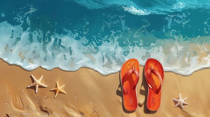 Illustration of a summer beach scene with flip flops and starfish by the ocean's edge, inviting a leisurely vacation vibe. - obrazy, fototapety, plakaty