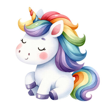 unicorn illustration , Cute colorful magic unicorn with rainbow in watercolor style , Cute Unicorn Watercolor illustration pastel , Unicorn on the rainbow watercolor illustration