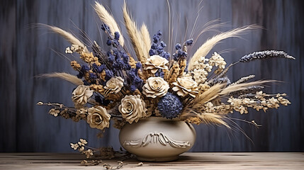 Beautiful flowers sitting in a vase on a table. Flower arrangement from dried and fresh flowers