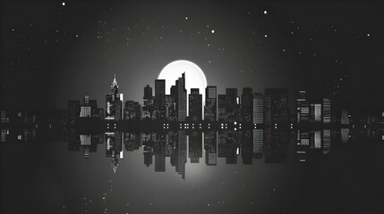 A serene night scene with a full moon casting light upon a city skyline and its reflection on the tranquil water