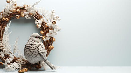 Bird sitting on wreath on white background, christmas or new year concept