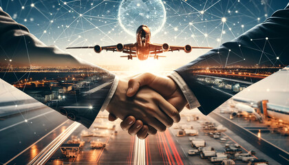 Global Handshake with Airport and Plane Lights Art