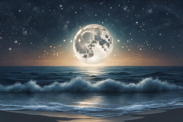 Fototapeta na wymiar Night time ocean view with a full moon and sparkling stars.wallpaper for desktop. - 1