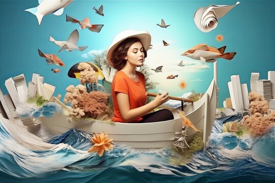 Creative art collage about dream concept. Underwater world and coral fish. Conceptual image about beautiful girl floating in a boat among the clouds. Make my wishes. Mixed media. collage, girl, dream