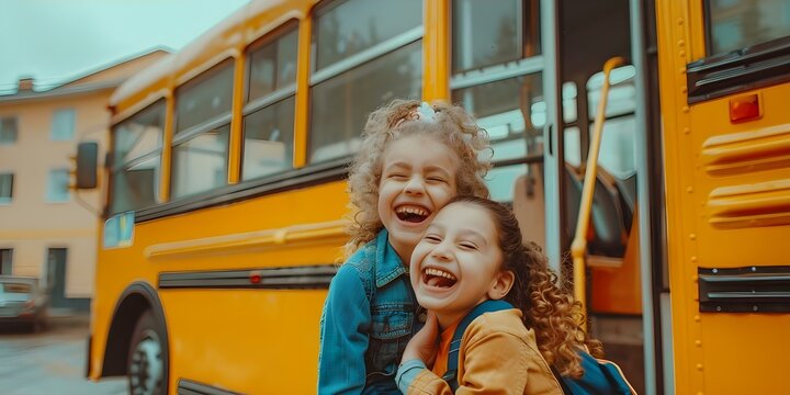 Cheerful kids in front of yellow school bus laughing and having fun. Concept Children Photography, School Bus Photoshoot, Fun Photos with Kids, Outdoor Portrait Session, Cheerful Moments