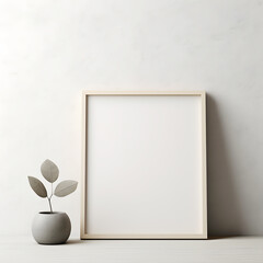 Empty minimal picture frame mockup with simple plant in vase