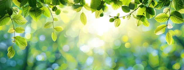 Foto op Canvas a panoramic banner featuring lush green leaves set against a blurred backdrop, designed with a wide layout and generous space for text, evoking the rejuvenating spirit of nature. © lililia