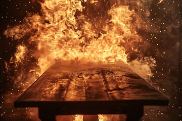 A mesmerizing display of fire  Flames dancing on a wooden table, creating a captivating backdrop for product showcases