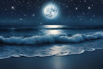 Night time ocean view with a full moon and sparkling stars.wallpaper for desktop. - 5