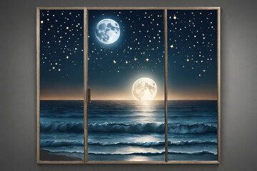 Night time ocean view with a full moon and sparkling stars.wallpaper for desktop. - 11