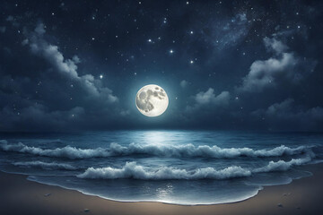 Night time ocean view with a full moon and sparkling stars.wallpaper for desktop. - 12