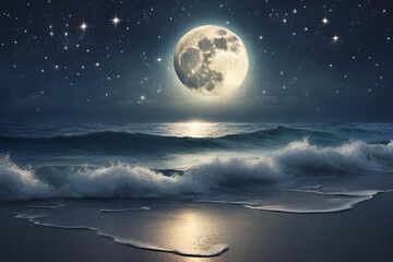 Fototapeta na wymiar Night time ocean view with a full moon and sparkling stars.wallpaper for desktop. - 13