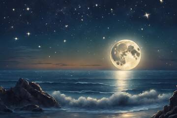Night time ocean view with a full moon and sparkling stars.wallpaper for desktop. - 18