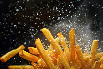 Close-up of a pile of golden french-fries under a splash of clear salt powder