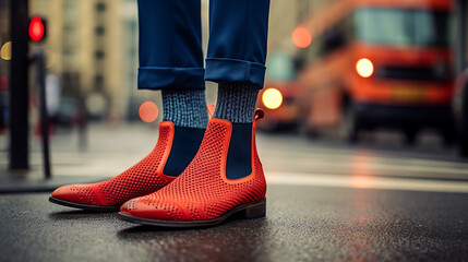 Chic Red Ankle Chelsea Boots Paired with Blue Knit Socks - Powered by Adobe
