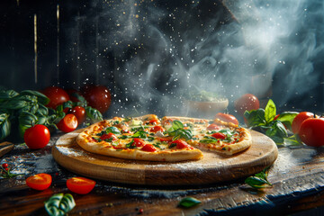 freshly  pizza on a round wooden tray   and melted Wisps of smoke rise from the pizza - obrazy, fototapety, plakaty