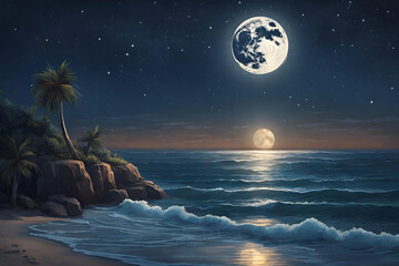 Night time ocean view with a full moon and sparkling stars.wallpaper for desktop. - 51