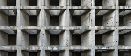 The intricate patterns and harsh textures of a brutalist building façade are shown in detailed high resolution