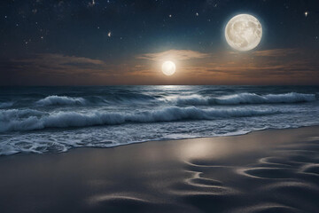 Night time ocean view with a full moon and sparkling stars.wallpaper for desktop. - 59