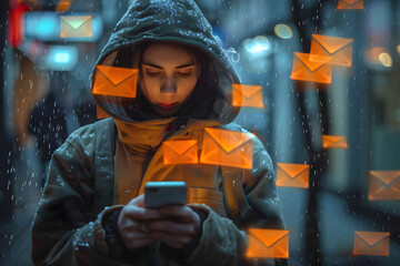 Obraz na płótnie Canvas Urban Messaging: Woman with Smartphone Amongst Floating Orange Envelopes