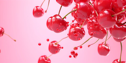 Big sweet cherry on a pink background. Top view, Concept of sweet berry with red cherry, Cherry concept in modern style on pink background with shadows.

