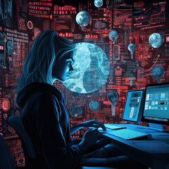 woman hacker is working on her hacking talent in front of the computer and laptop