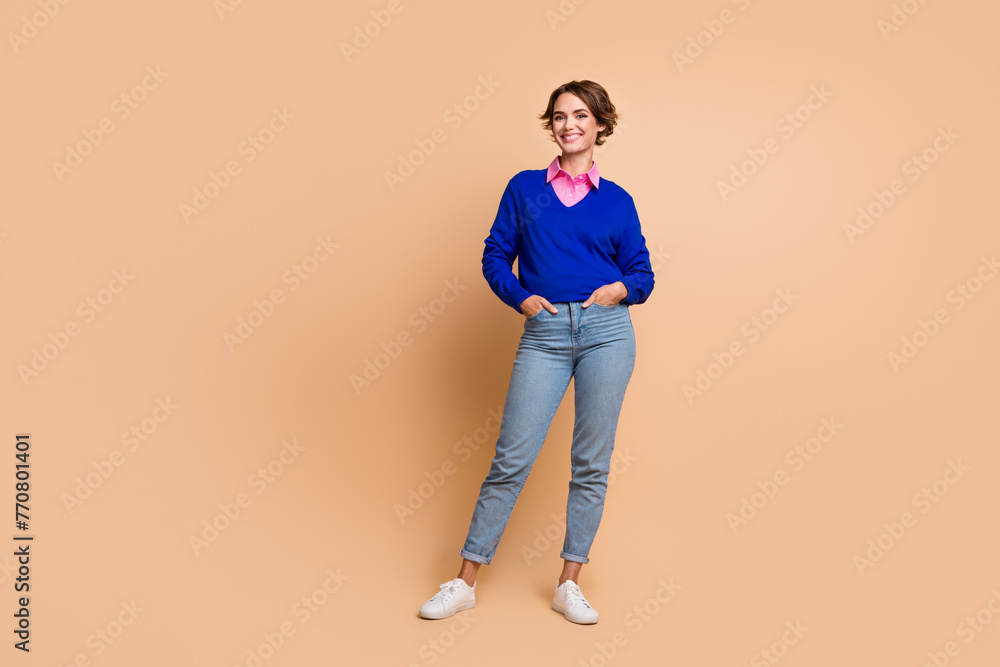 Sticker Full body photo of pretty young girl posing model shopping promo wear trendy blue outfit isolated on beige color background