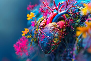 A colorful and vibrant artwork showcasing the emotional journey of a heart transplant recipient , 3D render, no contrast, clean sharp focus - obrazy, fototapety, plakaty