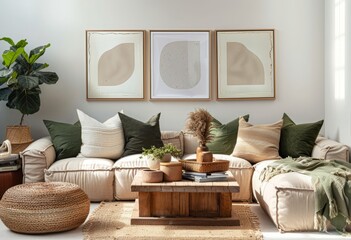 Cozy living room with large, plush beige and green cushions arranged in an L shape around the sofa table