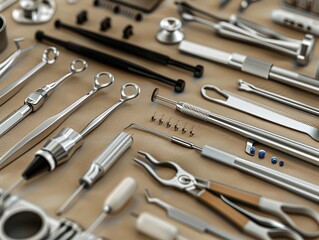 A detailed and intricate rendering of a dermatologists tools and equipment , stock photographic, no contrast, clean sharp focus - obrazy, fototapety, plakaty