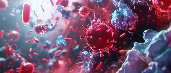 A detailed illustration of the human immune system in action , 3D render, no contrast, clean sharp focus - obrazy, fototapety, plakaty