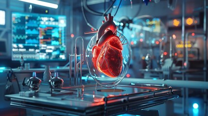 A futuristic depiction of organ transplantation with technology and medical equipment , 3D render, no contrast, clean sharp focus - obrazy, fototapety, plakaty