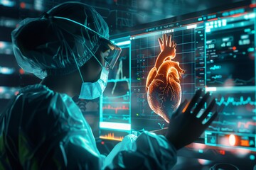 A futuristic visualization of a cardiologist using advanced technology to monitor a patients heart activity , professional color grading, no contrast, clean sharp focus - obrazy, fototapety, plakaty
