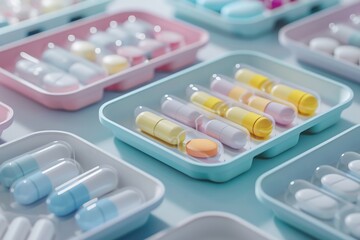 A visualization of a medication management system, showing pills organized by color and size in a pill organizer , pastel, 3d animator, no contrast, clean sharp focus