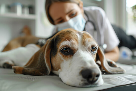 Veterinarian comforting a sick beagle in a clinic.