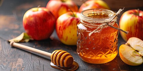 Autumn Harvest: Honey Jar with Dipper and Fresh Apples on Wooden Surface - obrazy, fototapety, plakaty