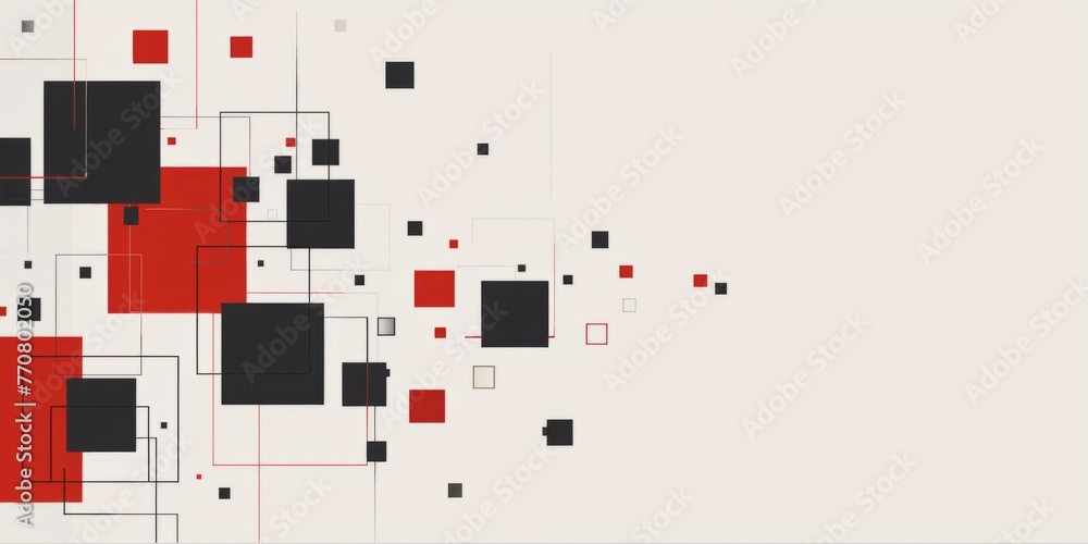Poster white background with red and black squares in the bottom left corner, geometric pattern of simple s