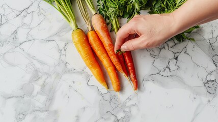Healthy Dieting Basics: Hand-Selecting Fresh Organic Carrots on Marble Background - obrazy, fototapety, plakaty